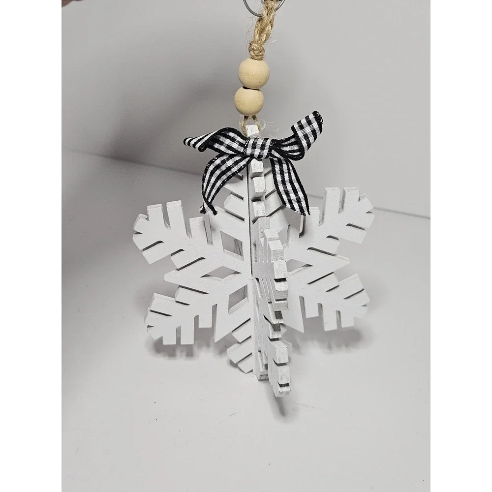 Farmhouse Wooden Snowflake Christmas Ornament 3D White Wood Plaid Bow Wooden